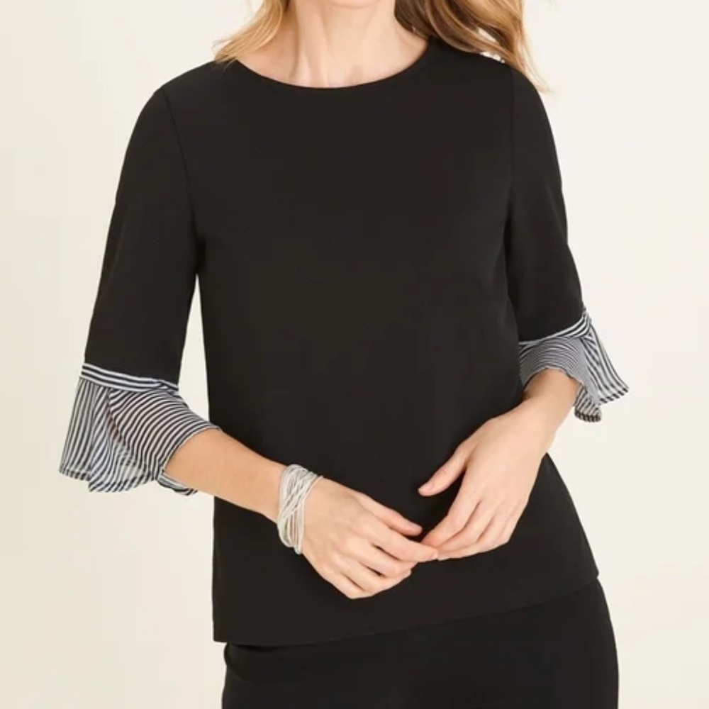 Chicos Women SZ 1 US SZ M Black/White Keyhole Tie Back Layered Bell Sleeve Top